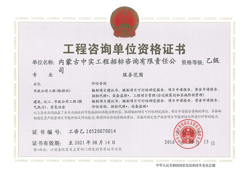 工程咨询乙级资格证书